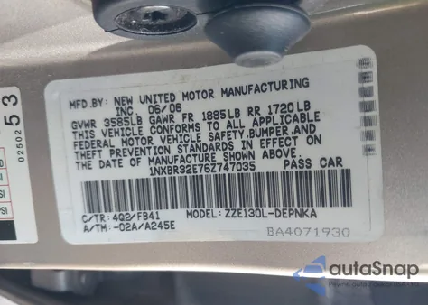 2006 Toyota Corolla Le from USA, damaged, VIN 1NXBR32E76Z747035